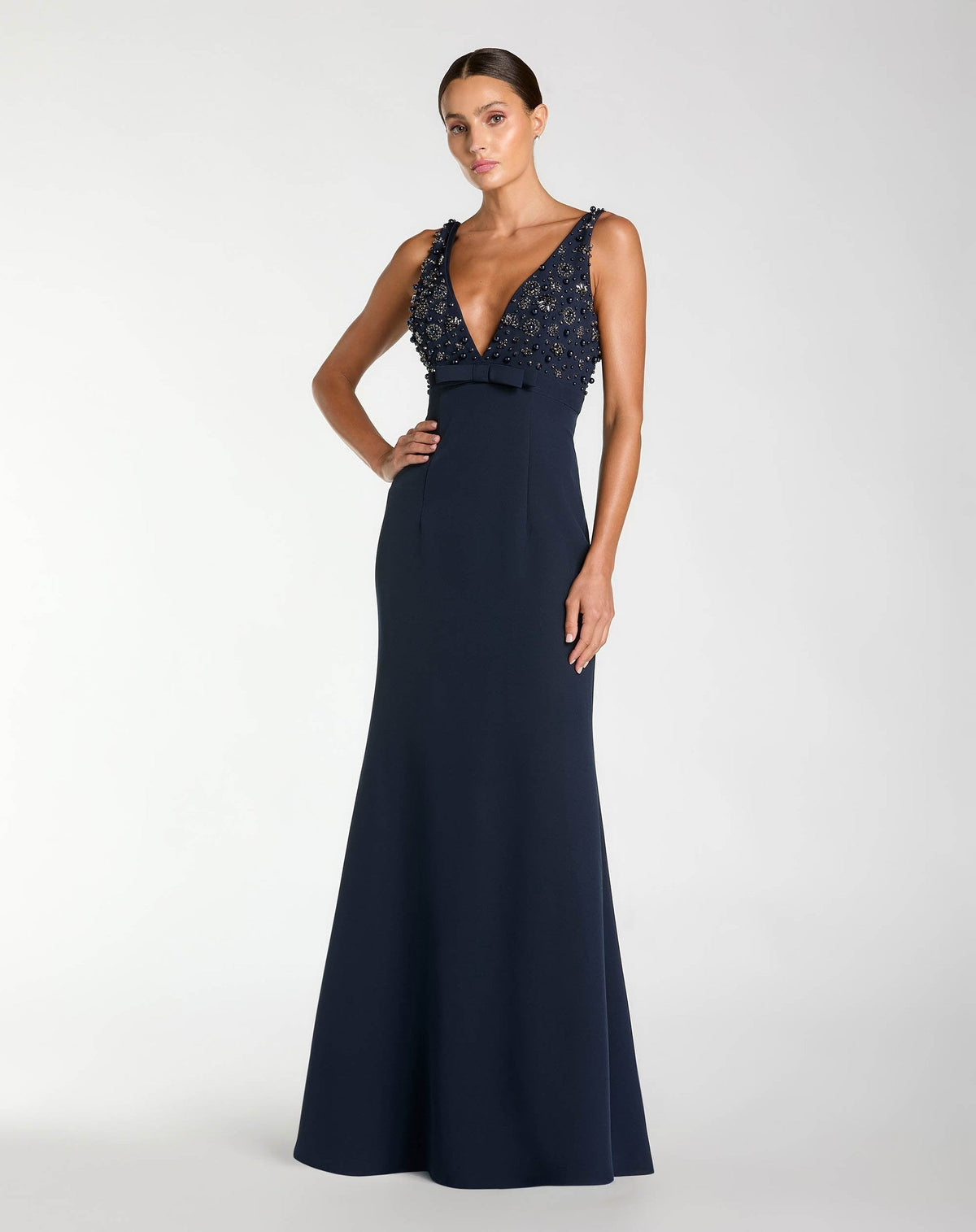Sleeveless Embellished Crepe Gown With Bow