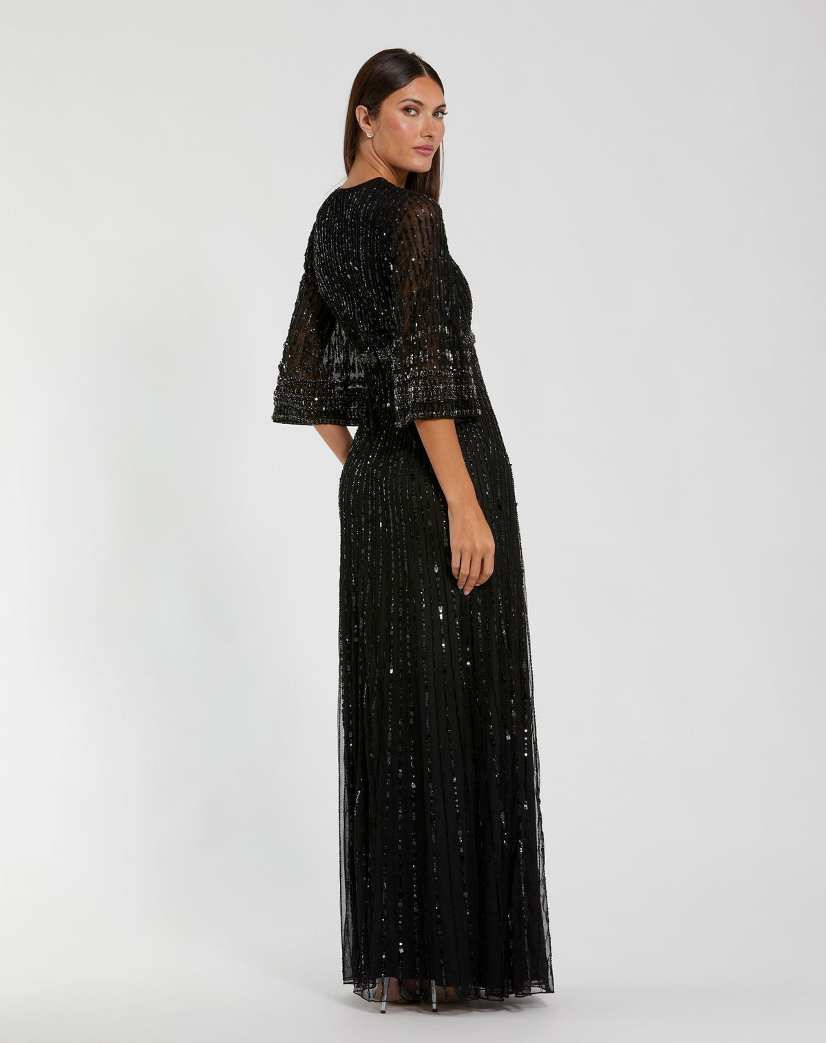 Petite Black High Neck Embellished Gown With 3/4 Sleeves