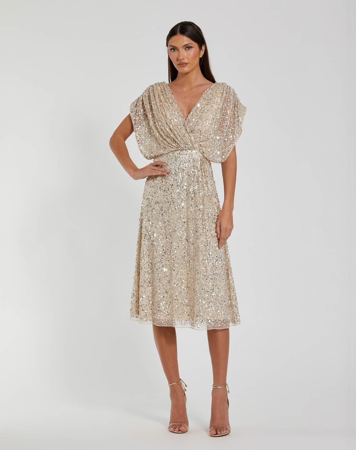 Beige Sequin Draped Sleeve V-Neck Midi Dress