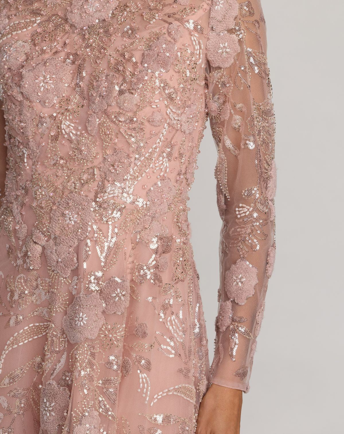 Pink Embellished Long Sleeve Evening Gown