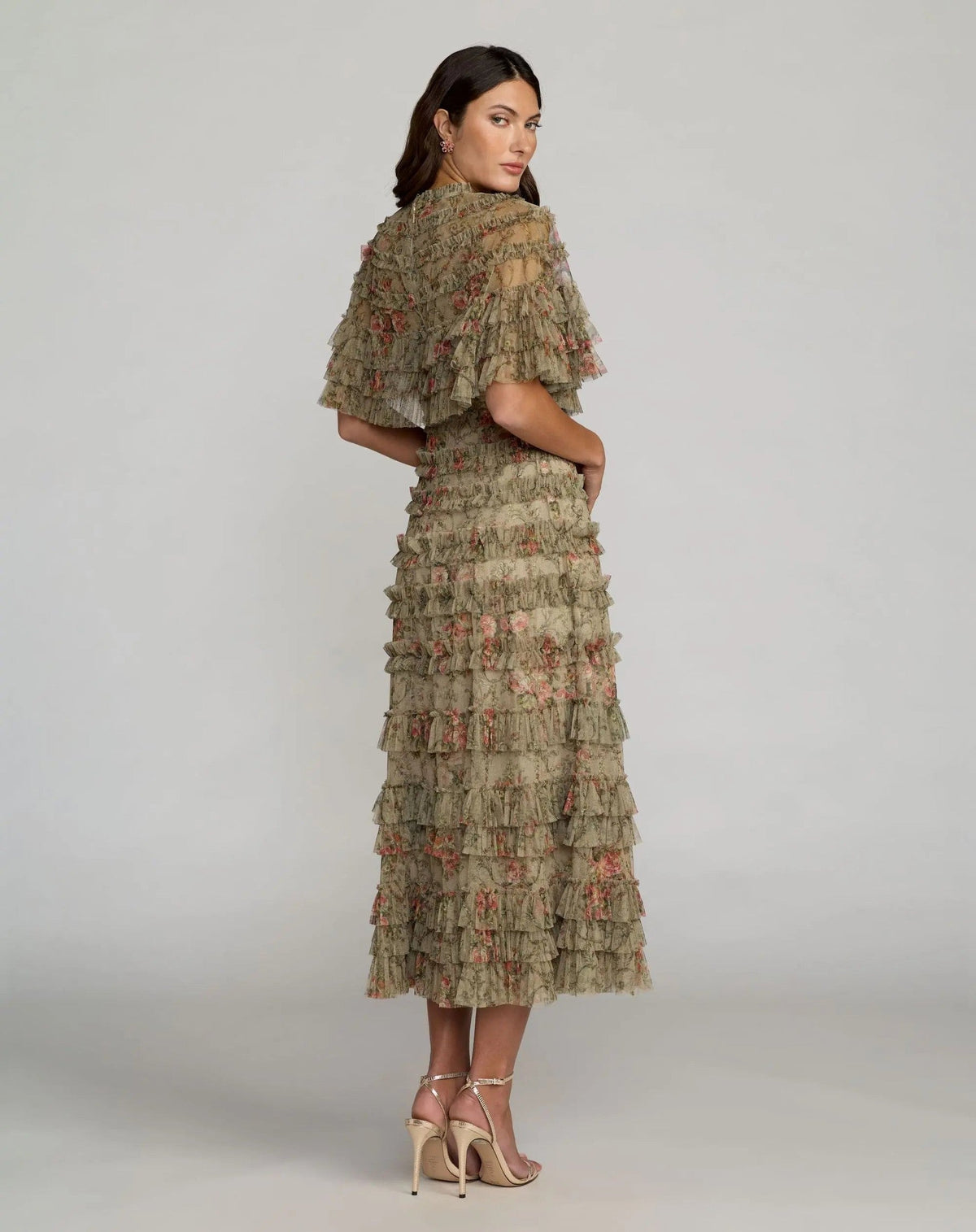 Olive Floral Ruffle Midi Dress With Cape
