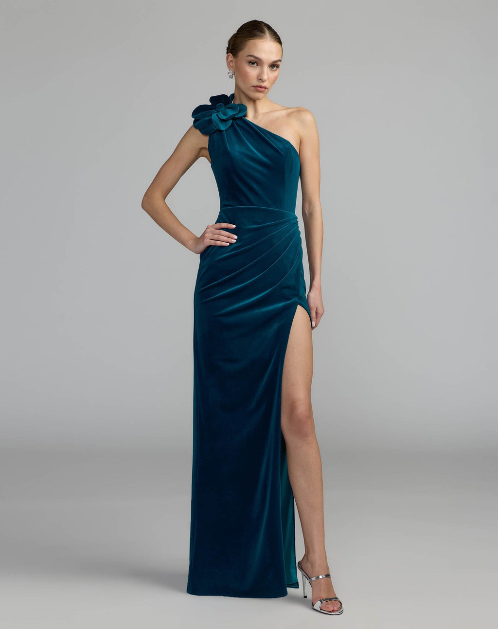 Ocean One Shoulder Velvet Gown With 3D Flower