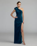 Ocean One Shoulder Velvet Gown With 3D Flower