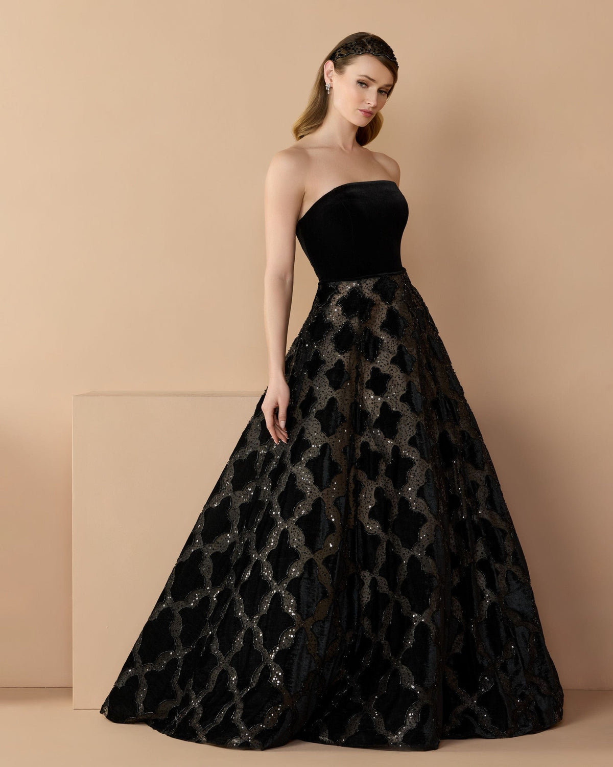 Black Strapless Velvet Bodice Embellished Ball Gown