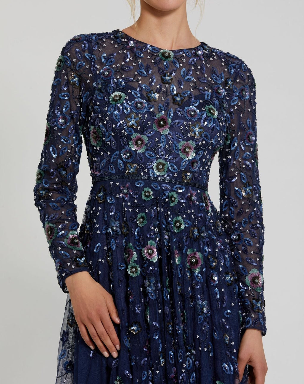 Petite Navy Embellished High Neck Long Sleeve A Line Gown