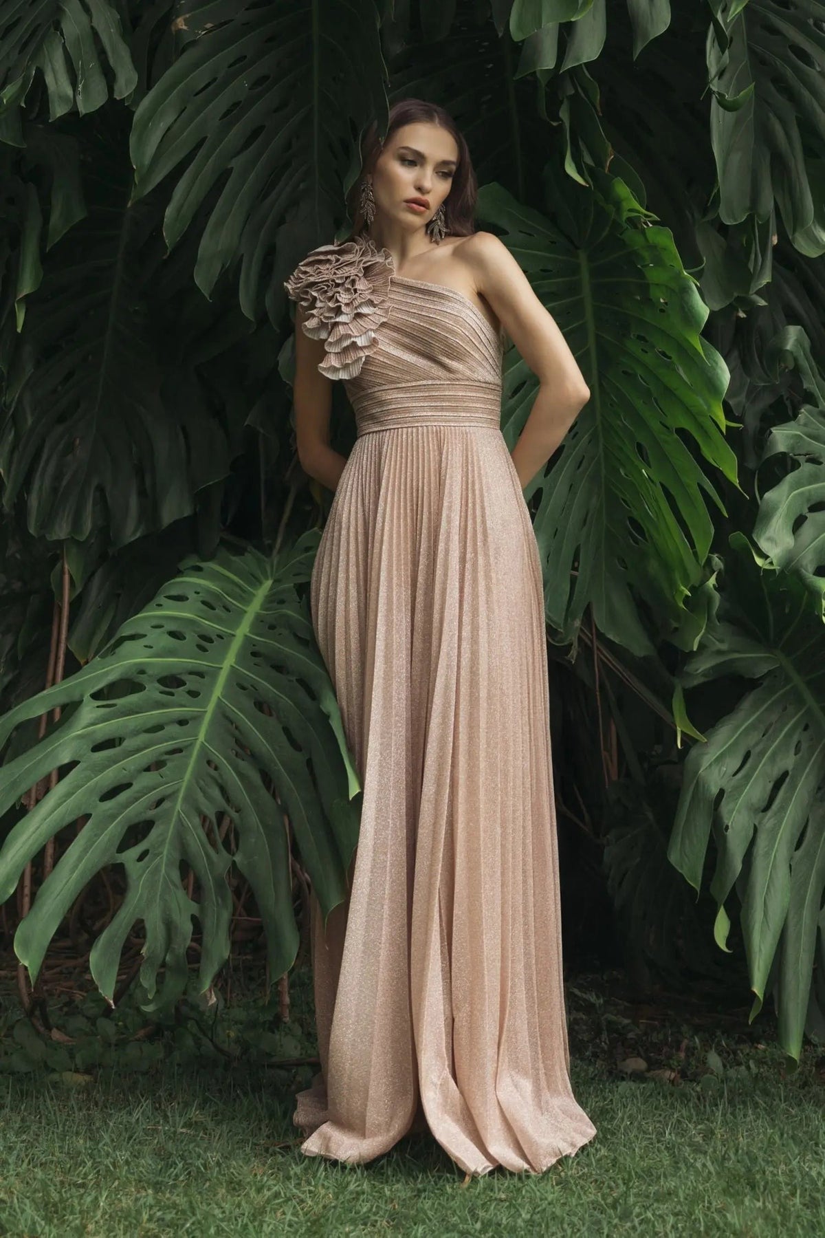 Champagne Pleated One Shoulder Ruffle Gown