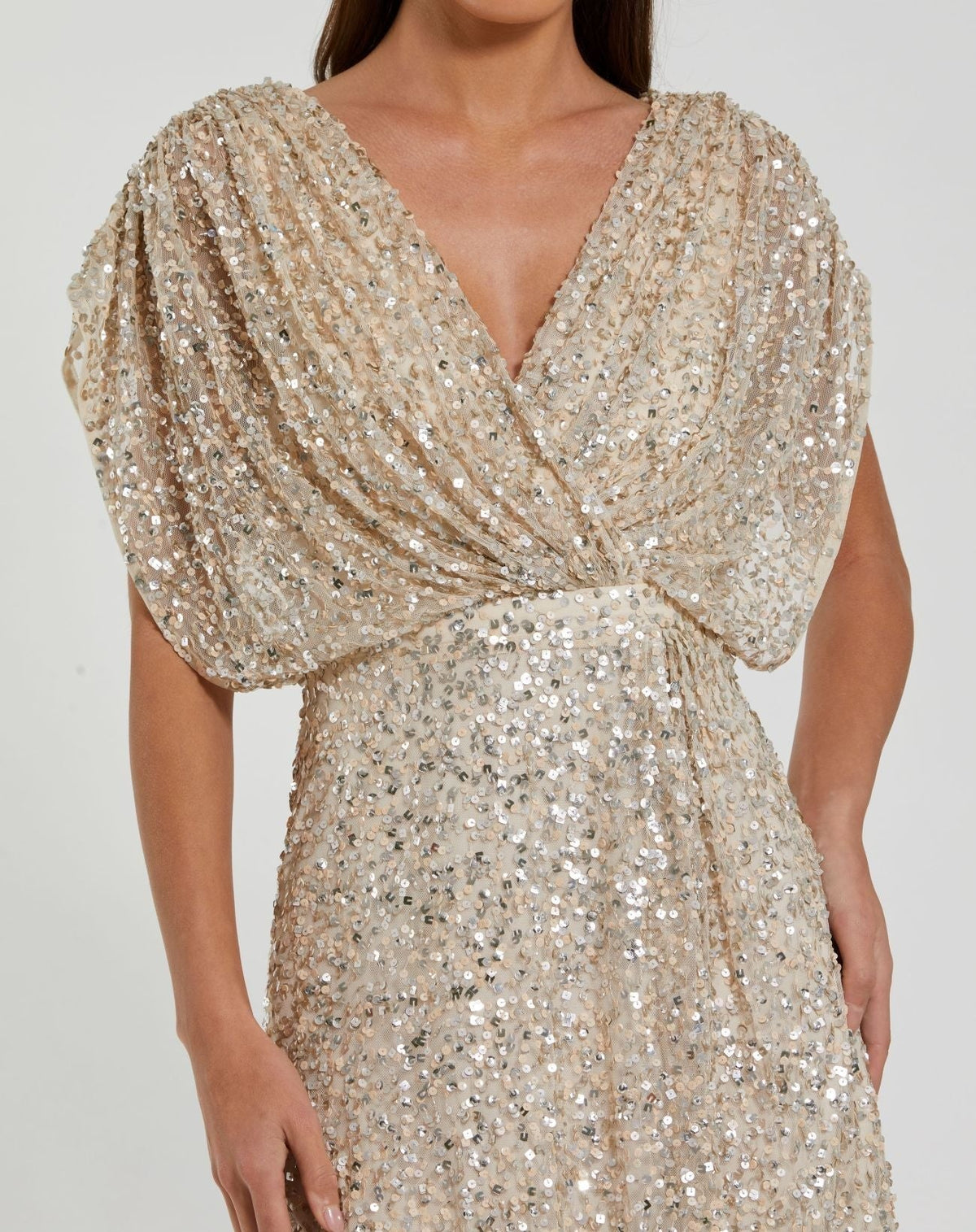 Beige Sequin Draped Sleeve V-Neck Midi Dress