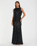 Midnight Sleeveless Cowl Back Sequin Evening Gown