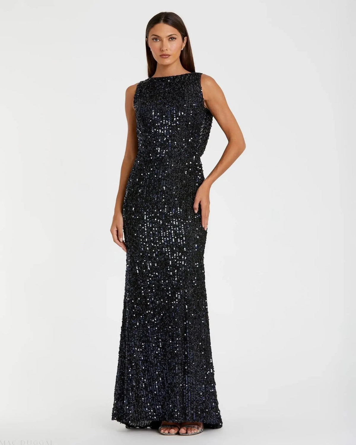 Midnight Sleeveless Cowl Back Sequin Evening Gown