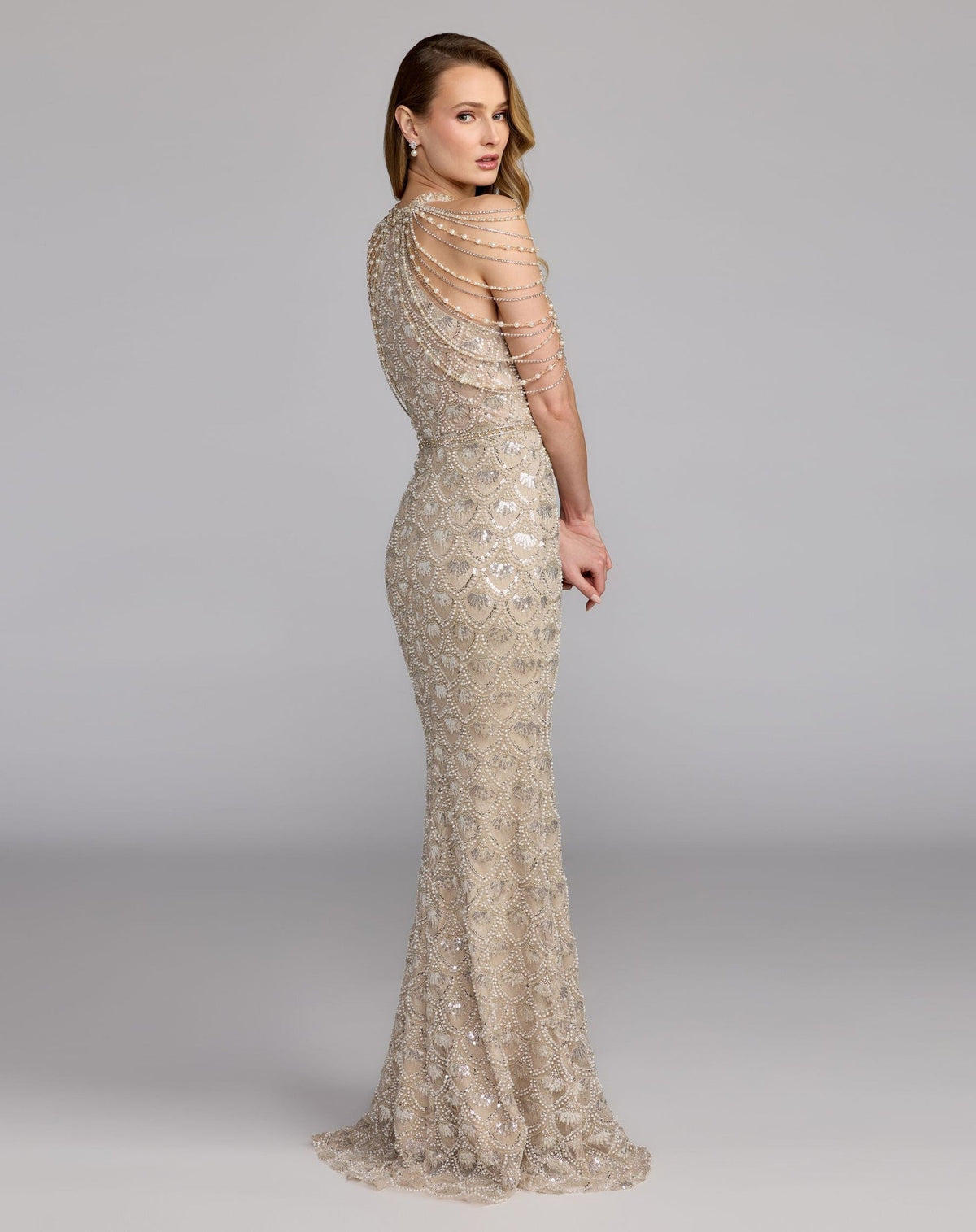 Cream Nude Draped Pearl Embellished Column Gown