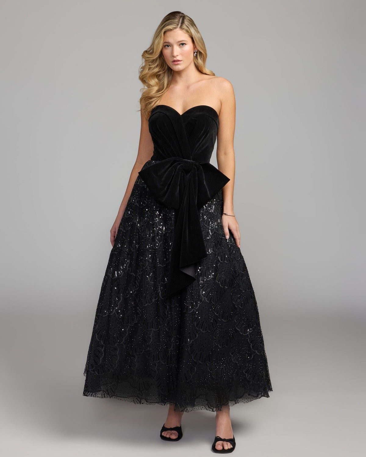 Black Velvet Bow Sequin Strapless A-Line Gown