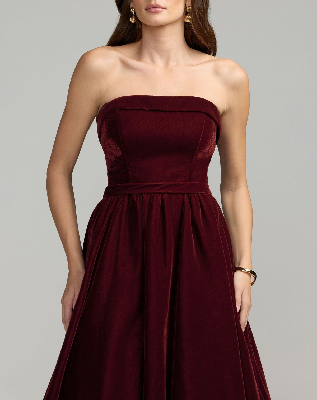 Wine Strapless Velvet A-Line Midi Dress