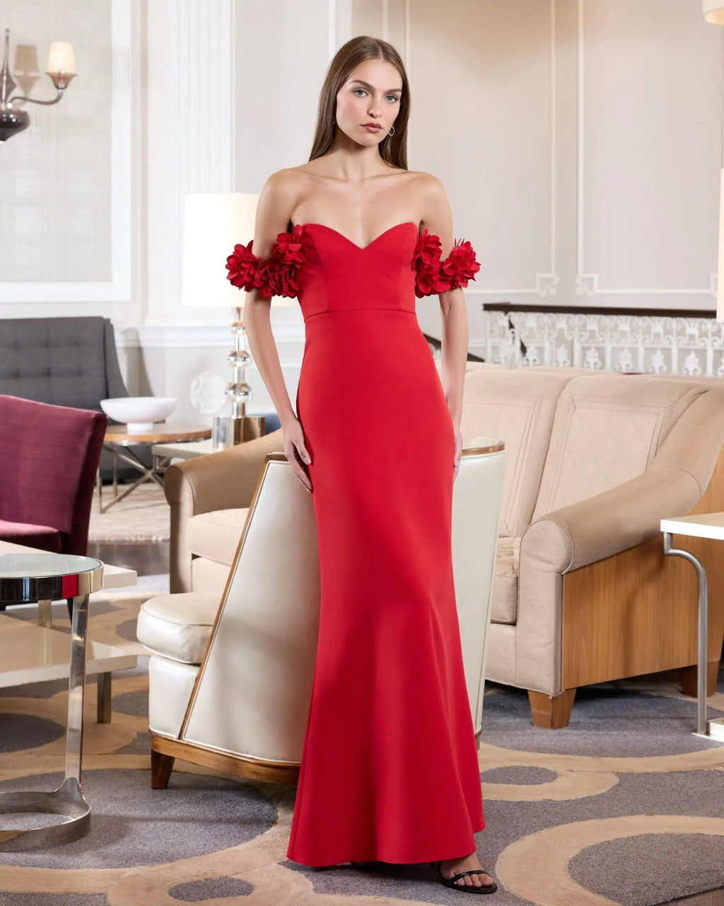 Red Crepe Off The Shoulder Gown With 3D Flowers