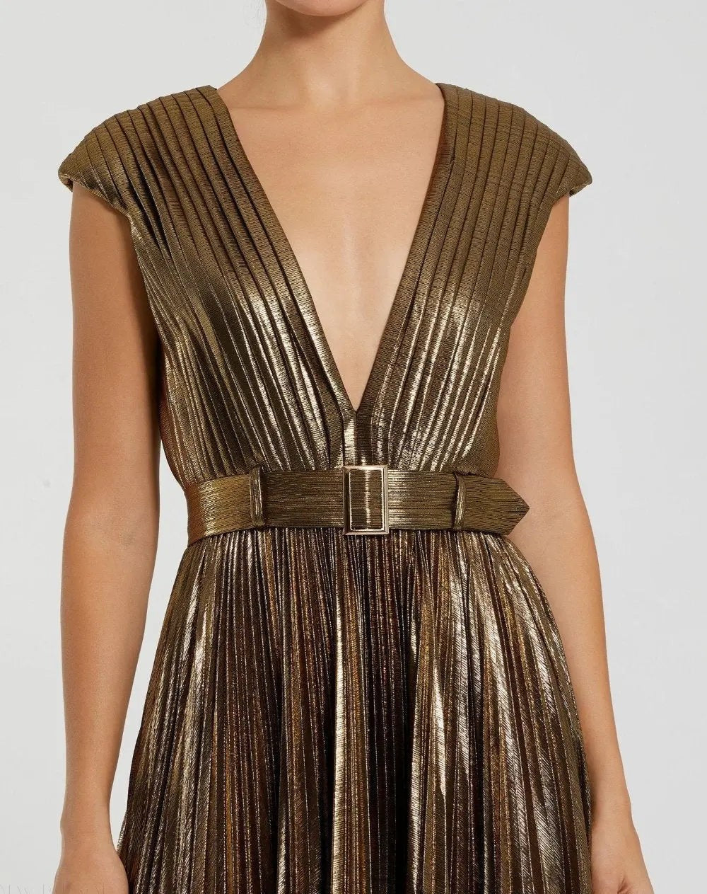 Gold Pleated Metallic Jersey Gown With Belt