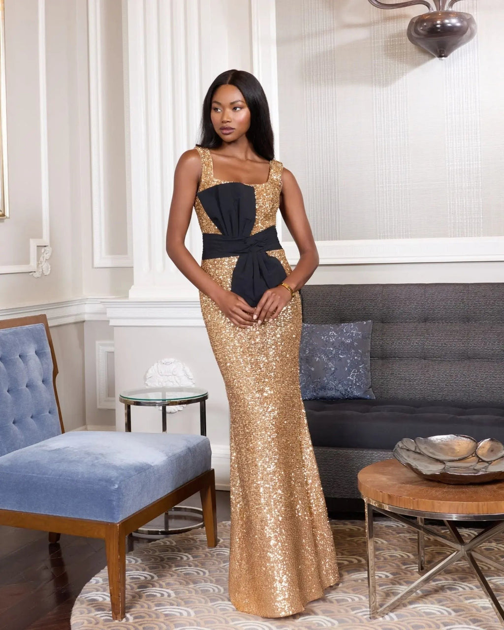 Gold Sequin Square Neck Column Gown With Faille Bow