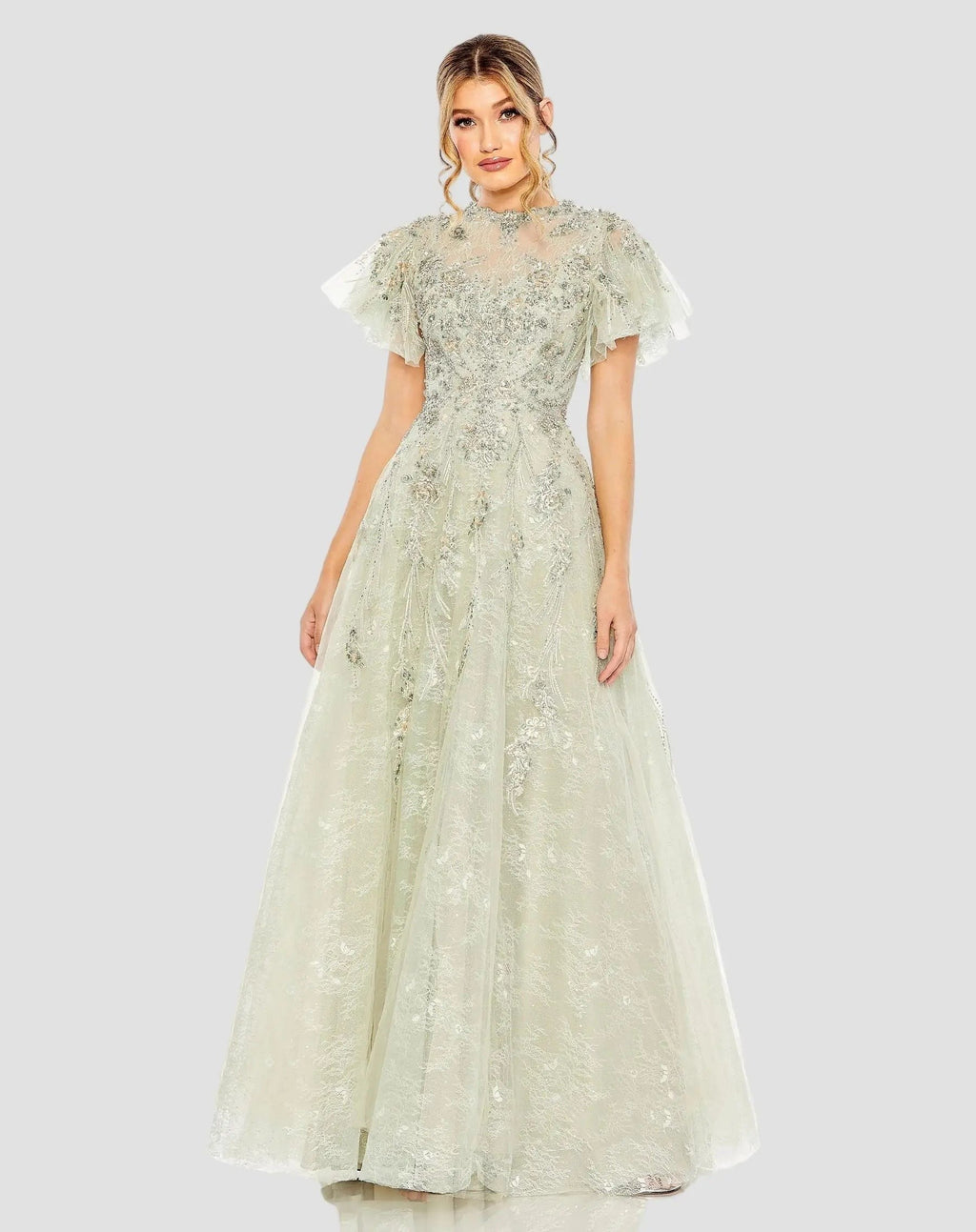 Green Embroidered Tulle Flutter Sleeve A-line Gown