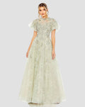 Green Embroidered Tulle Flutter Sleeve A-line Gown