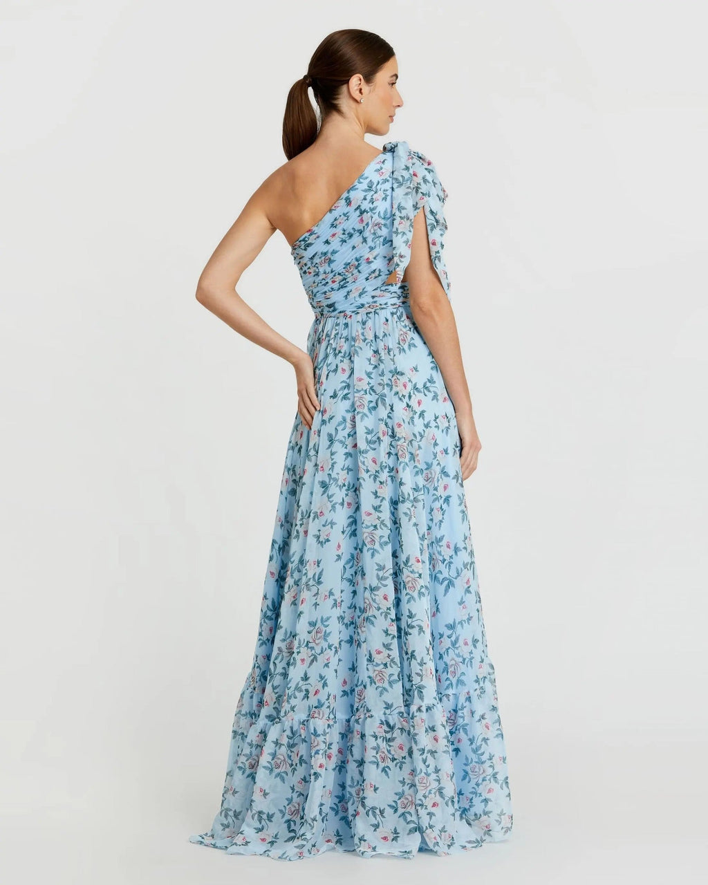 Aqua Multi Floral Chiffon One Shoulder Gown