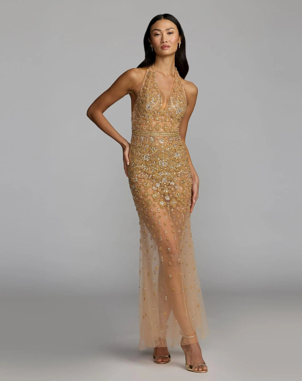 Nude Silver Hand Embellished Open Back Halter Gown