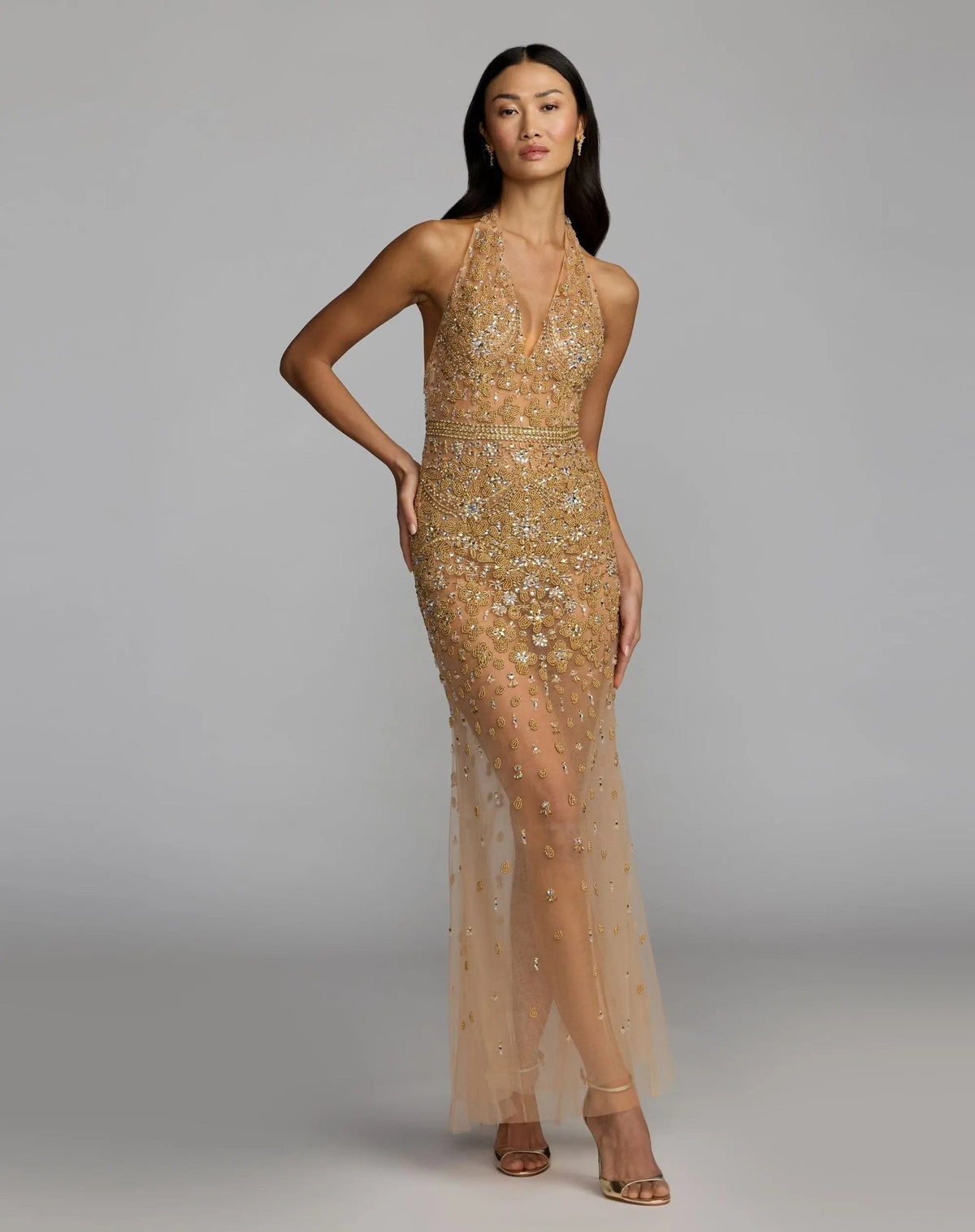 Nude Silver Hand Embellished Open Back Halter Gown