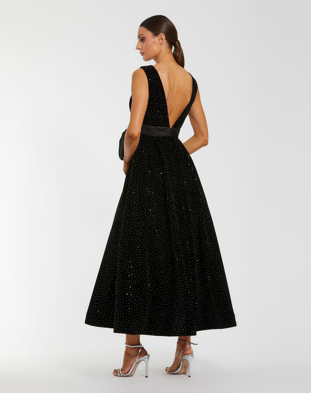 Black Embellished Velvet Midi Dress With Bow
