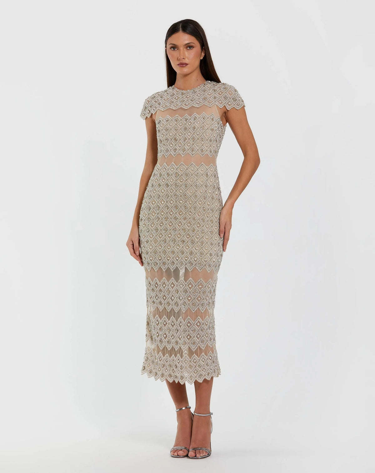 Beige Embellished Mesh Fitted Midi Dress With Sheer Panels