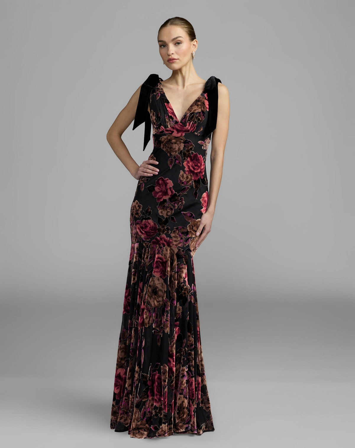 Black Floral Velvet Mermaid Gown With Bows