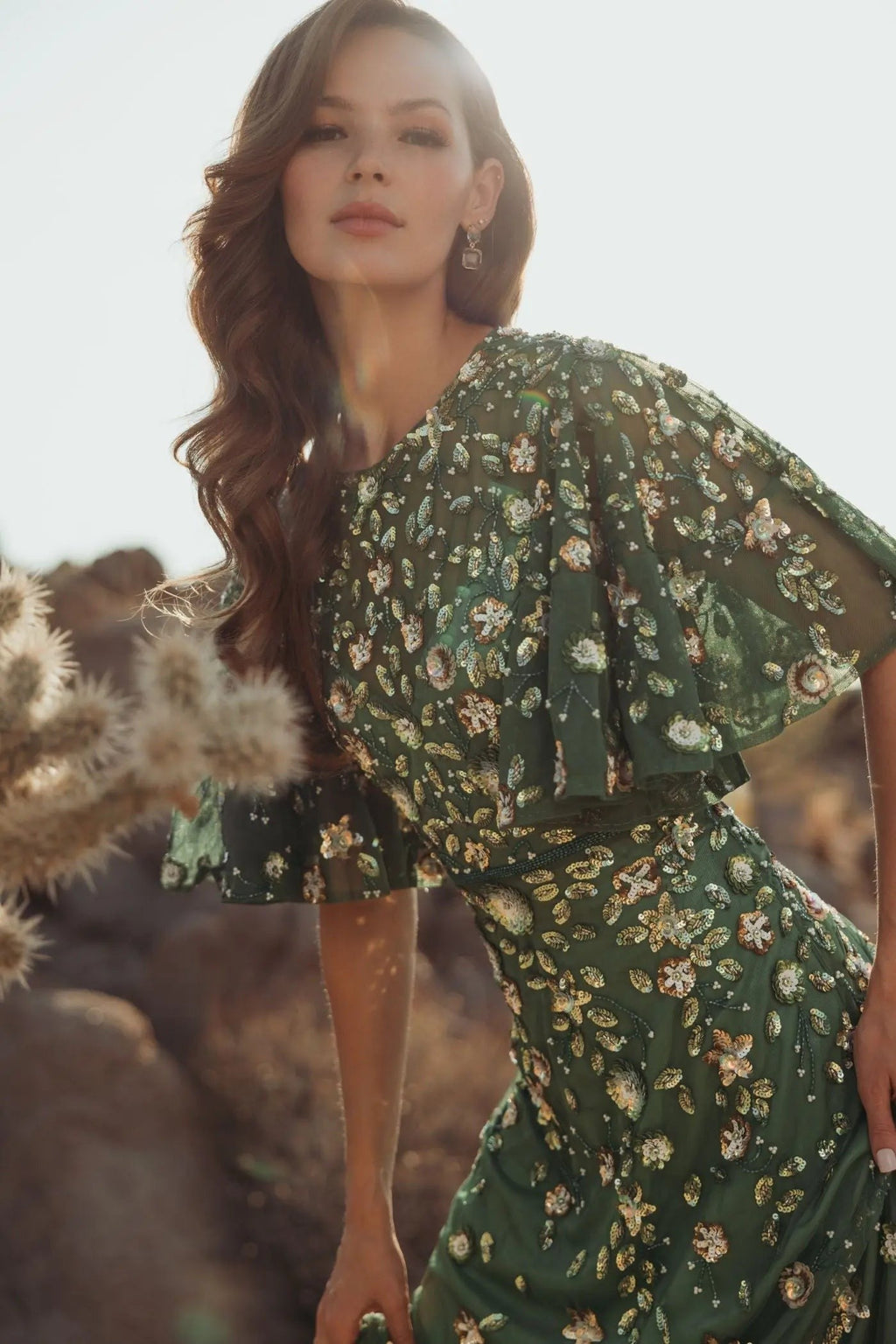 Sage Floral Embellished Flutter Sleeve Midi Dress