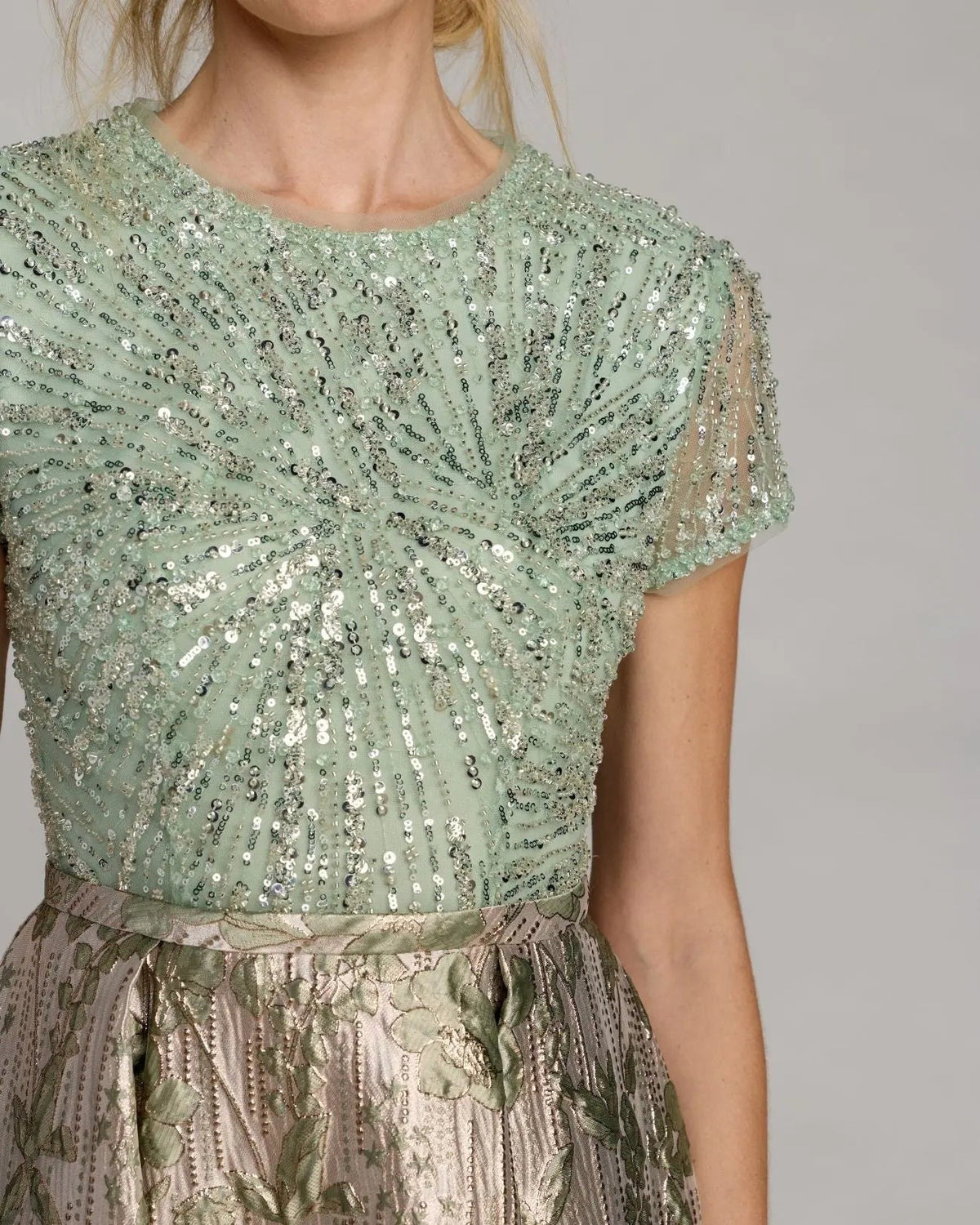 Green Sequin Embellished Floral Jacquard Ball Gown