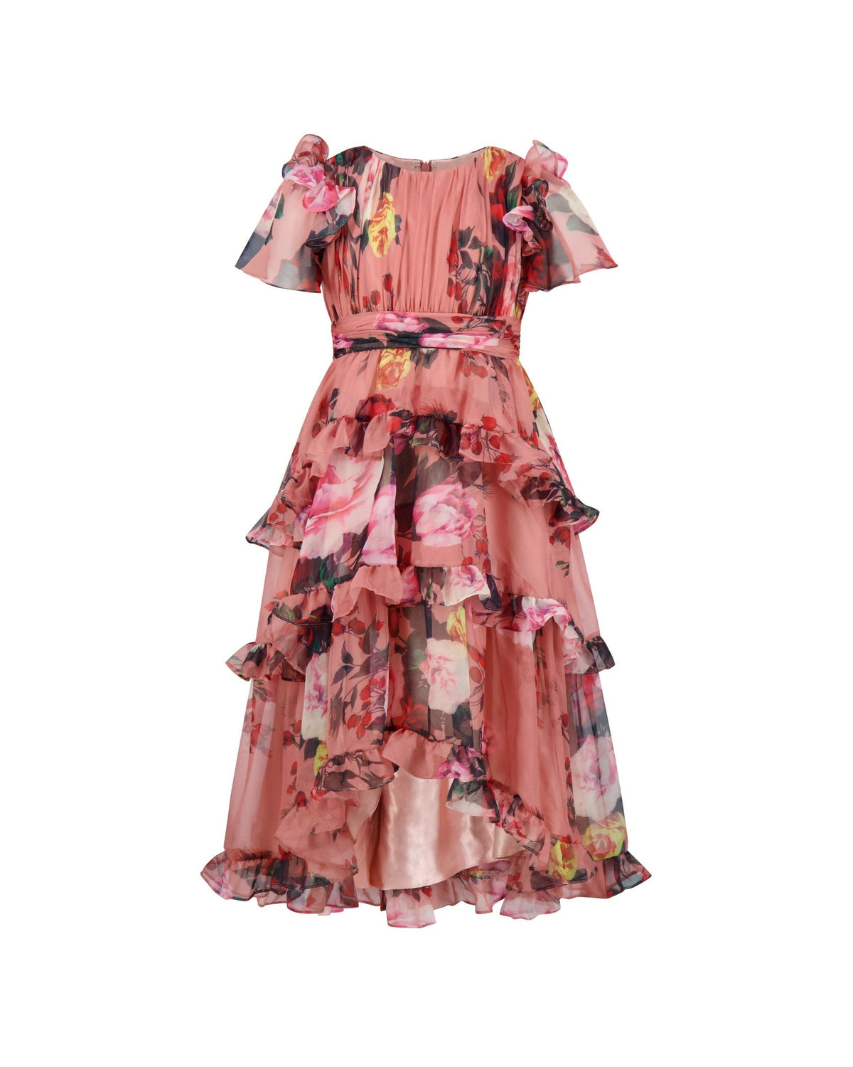 Girls Rose Multi Floral Chiffon Tiered Ruffle Dress