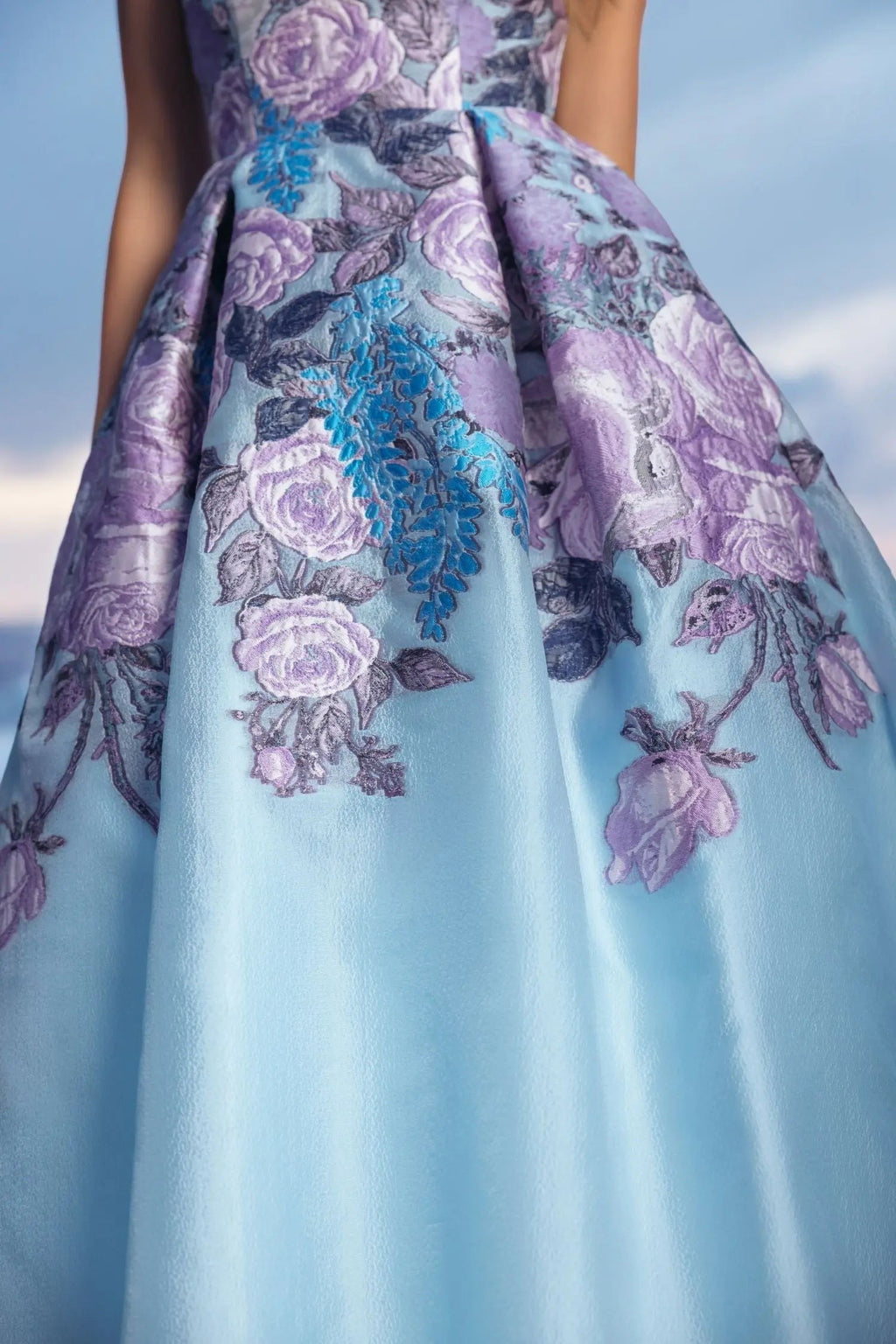 Blue Floral Brocade Strapless Midi Dress