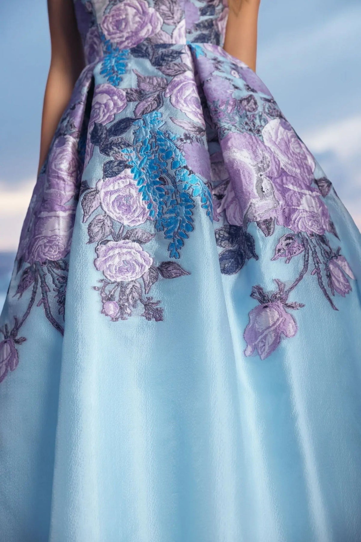 Blue Floral Brocade Strapless Midi Dress