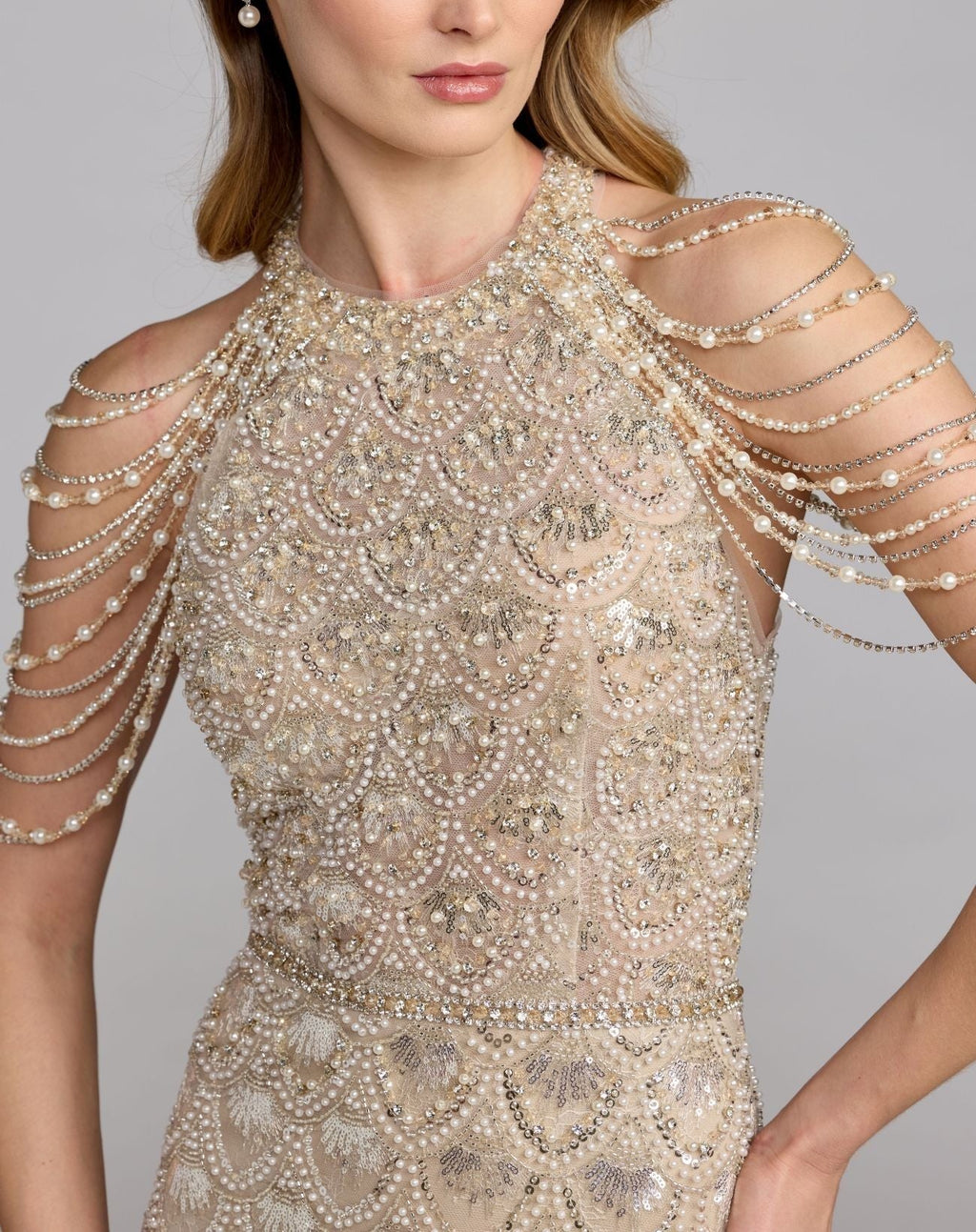 Cream Nude Draped Pearl Embellished Column Gown