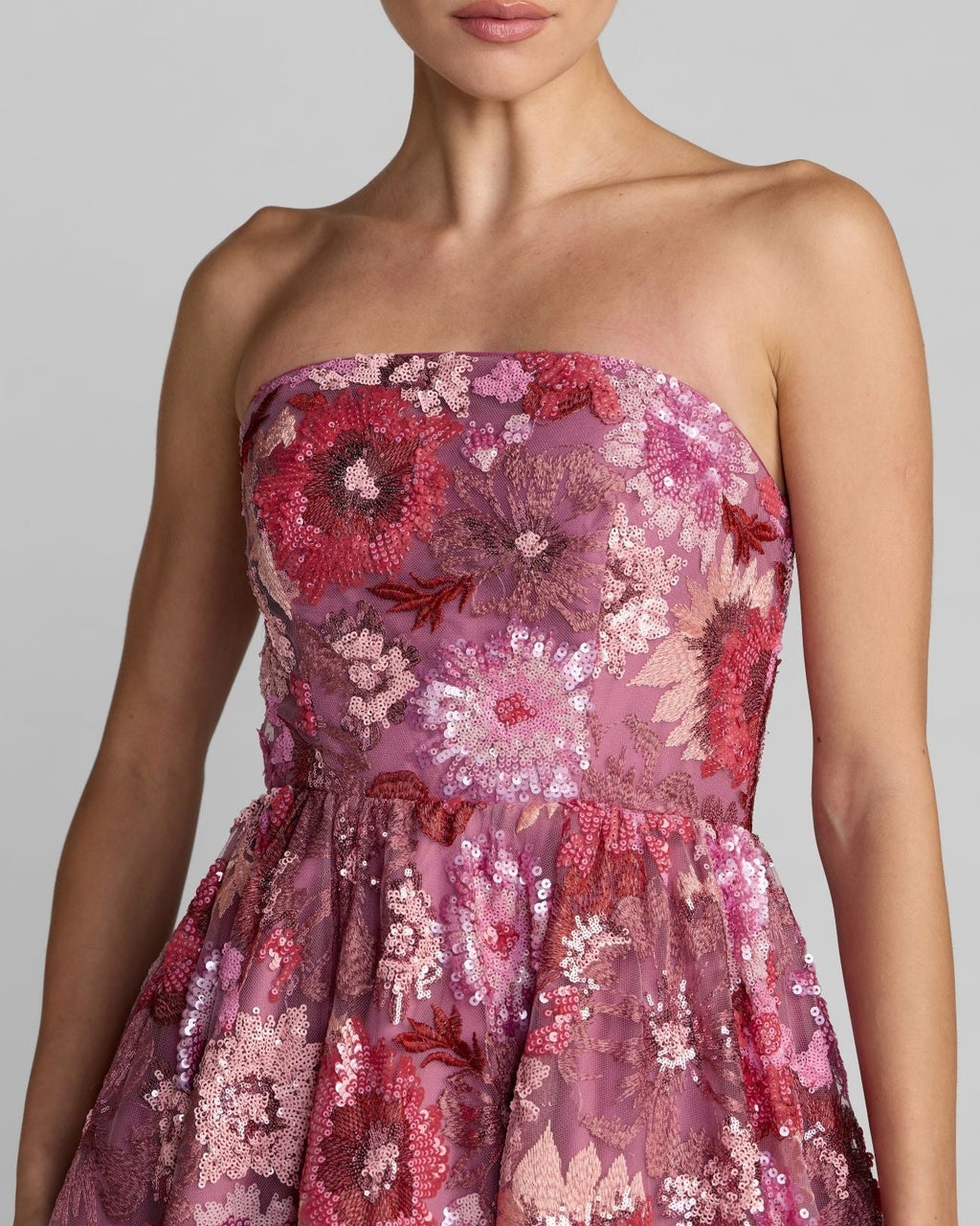 Pink Multi Floral Sequin Strapless Midi Dress