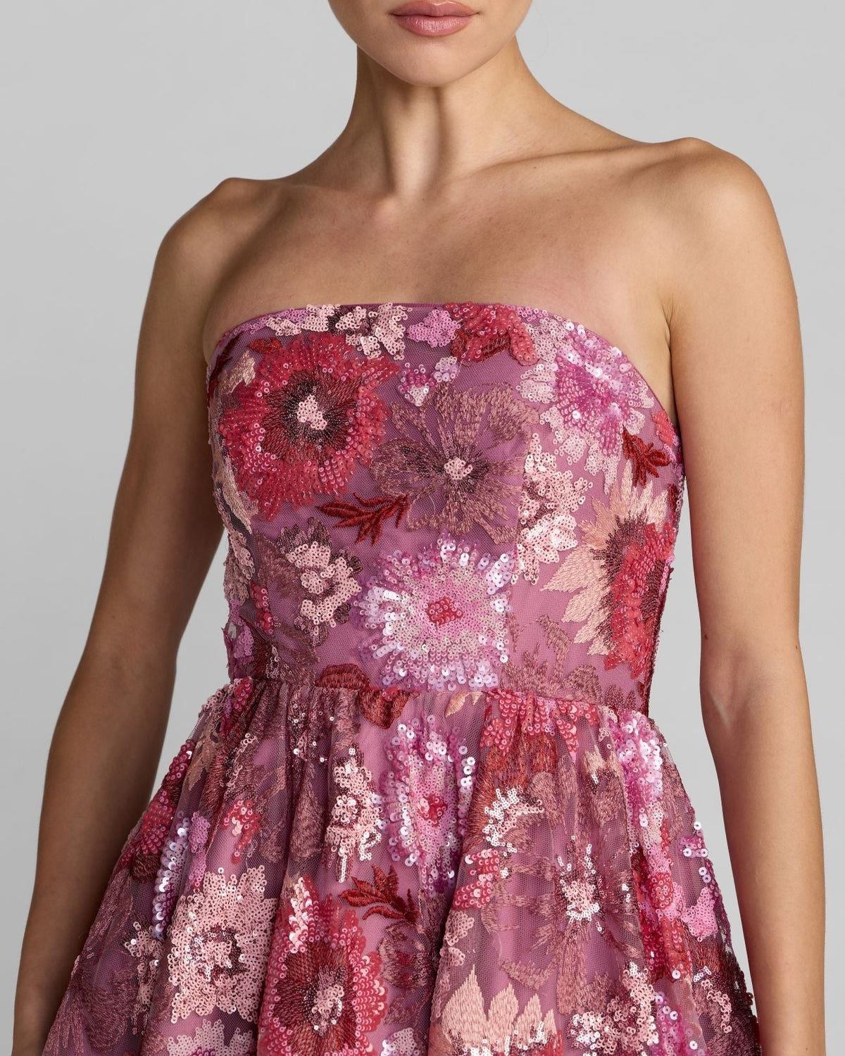 Pink Multi Floral Sequin Strapless Midi Dress