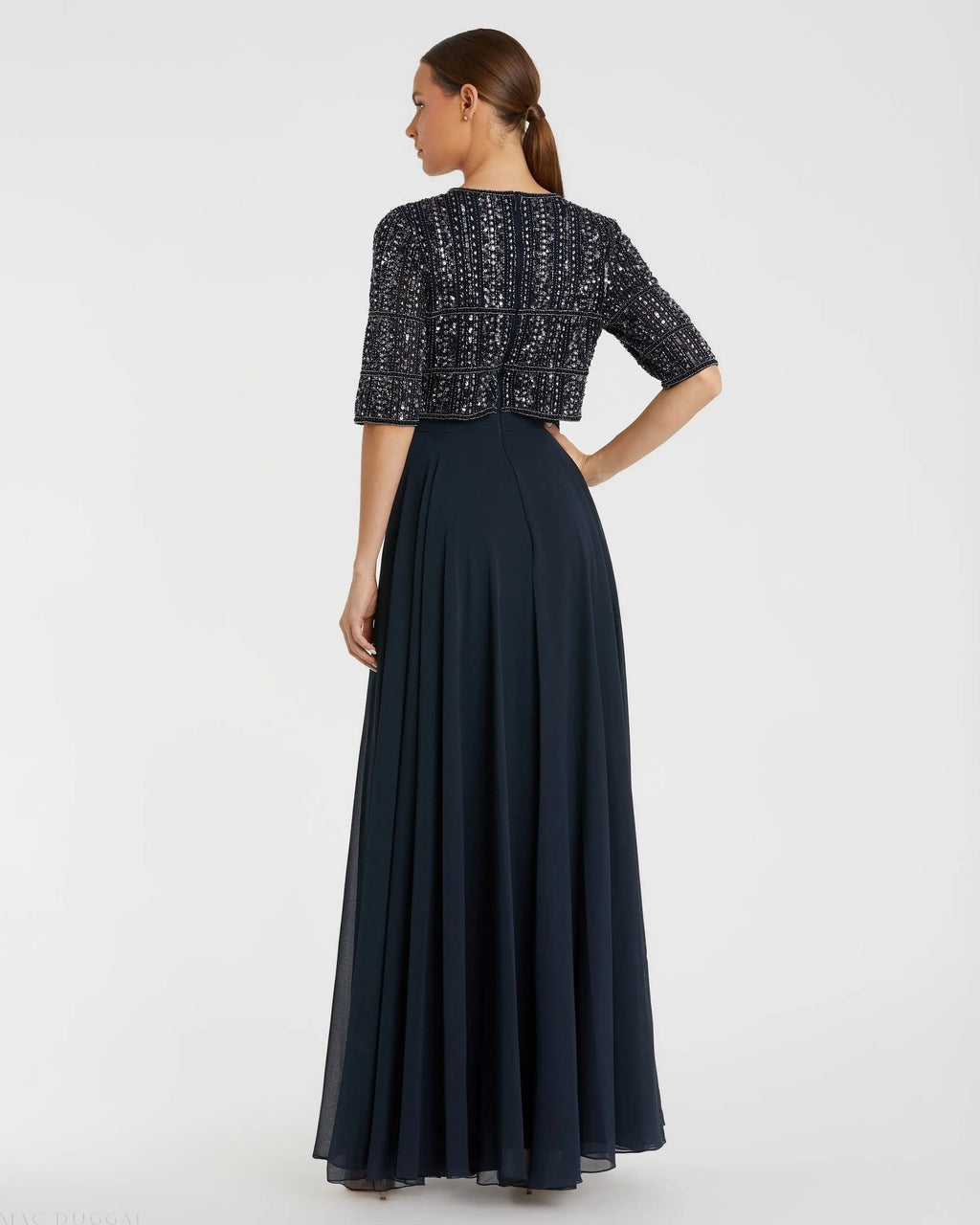 Navy Chiffon Gown w/ Fully Beaded 3/4 Sleeve Top