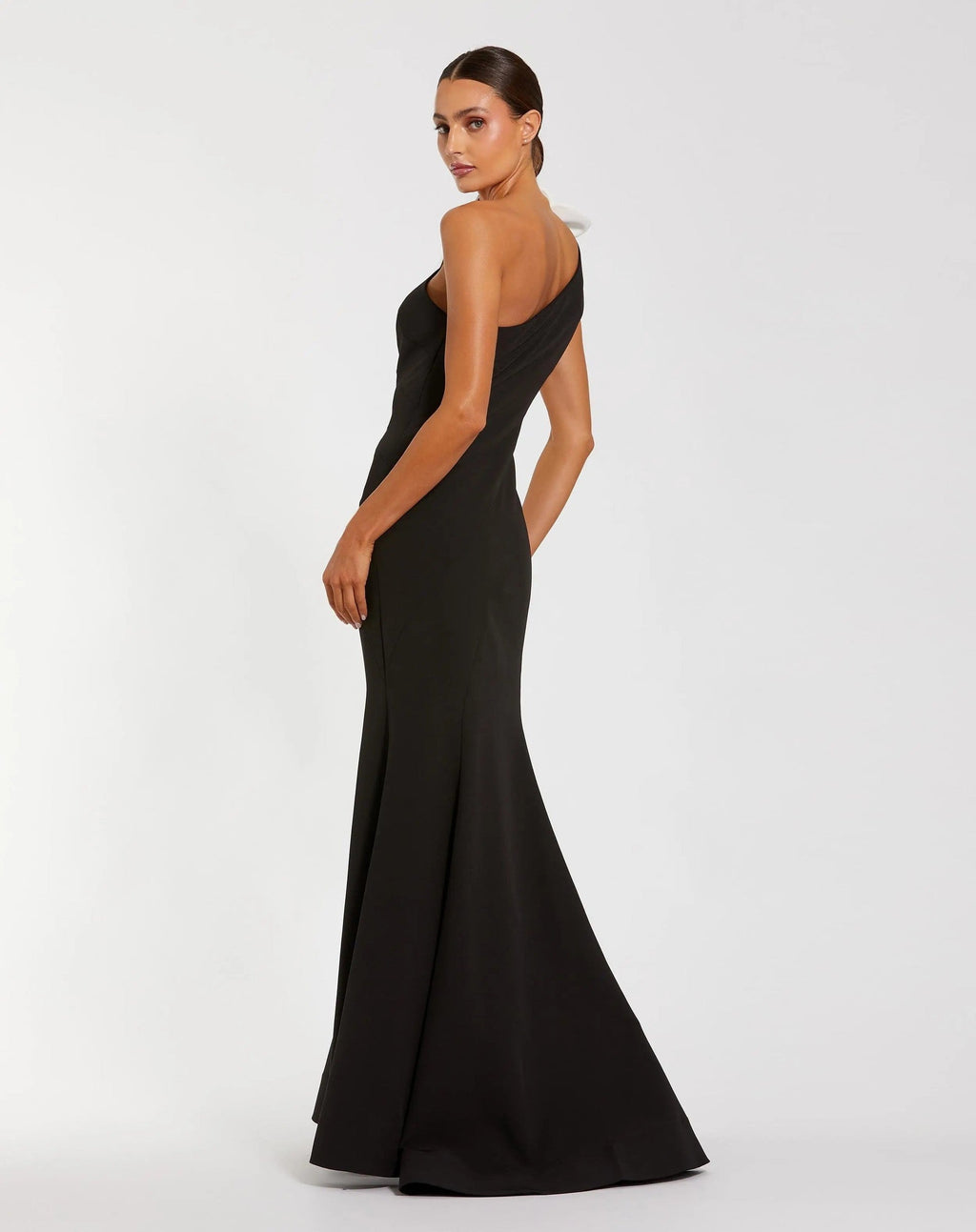 Black Ivory One Shoulder Mermaid Gown With 3D Flower