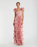 Rose Pleated Charmeuse Tiered Gown With Ruffle Straps