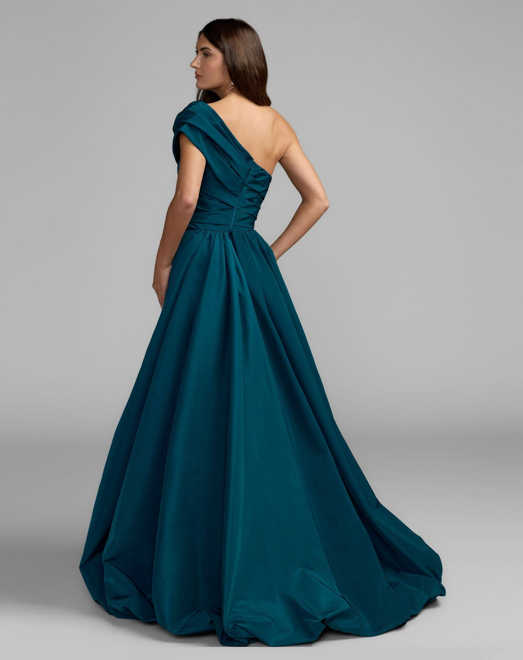 Ocean Pleated One Shoulder Gown With Overskirt