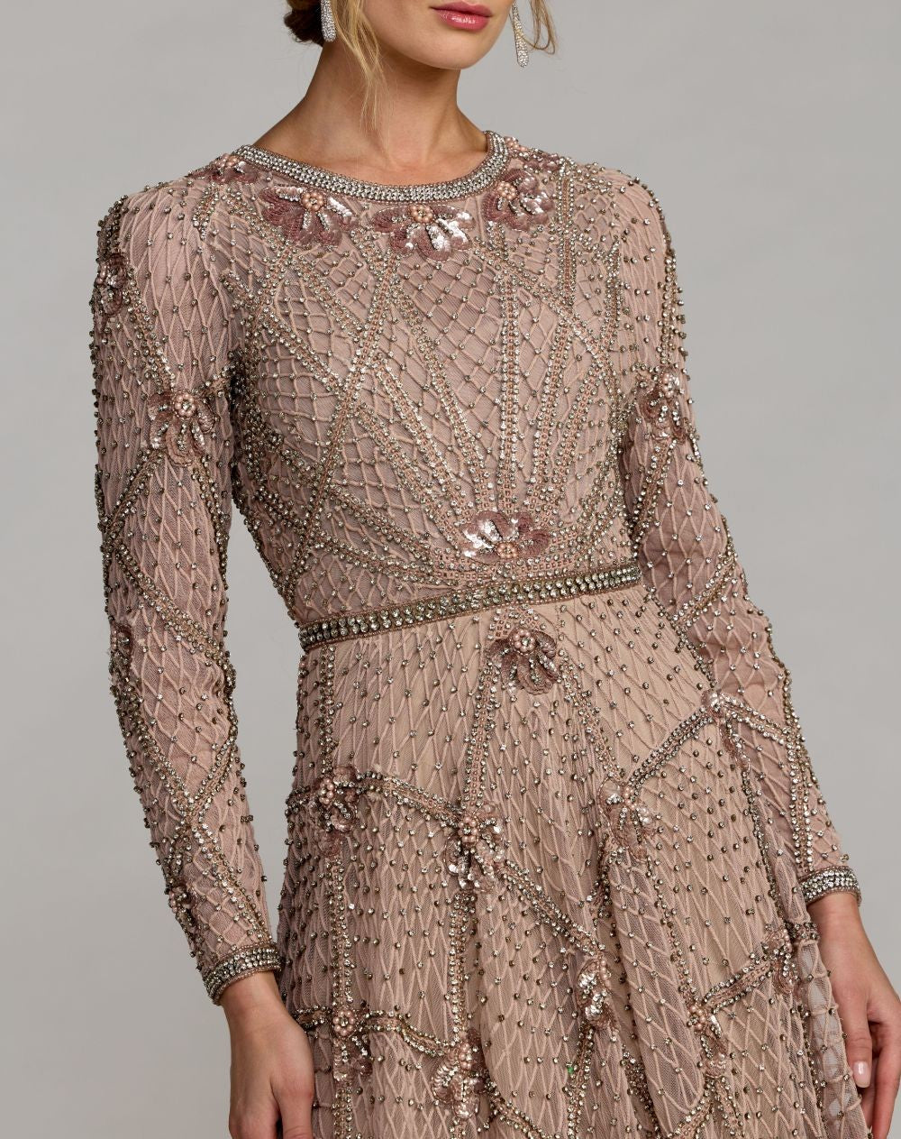 Rose Rhinestone Embellished Long Sleeve A-Line Gown