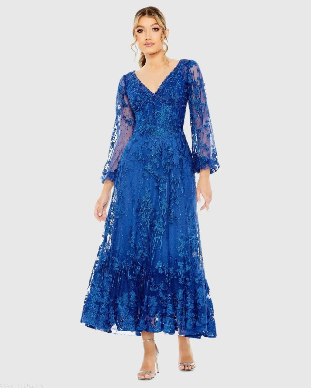 V-Neck Mesh Puff Sleeve A Line Embellished Tea Length Dress