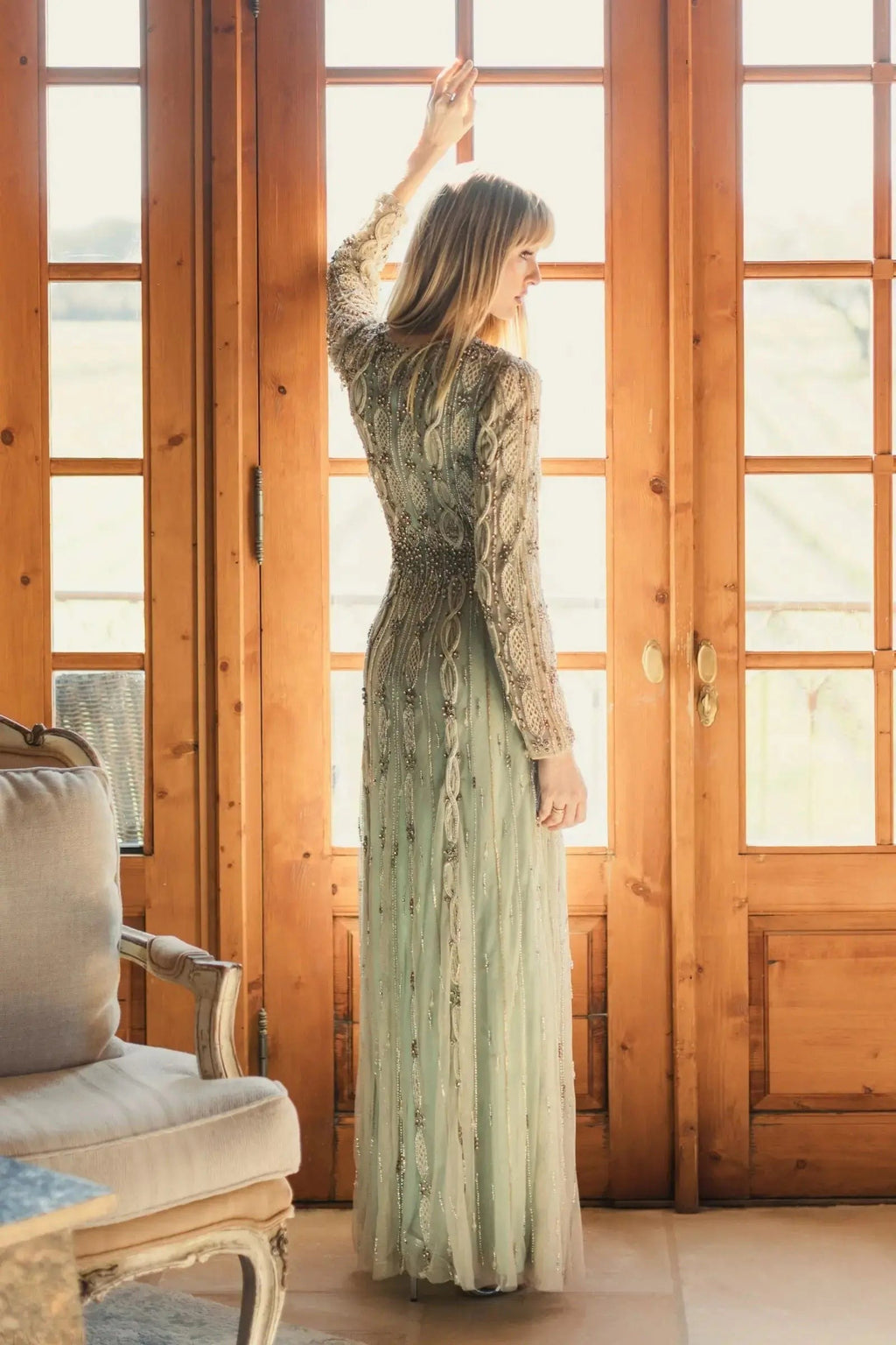 Nude Sage Embellished Long Sleeve A-Line Gown