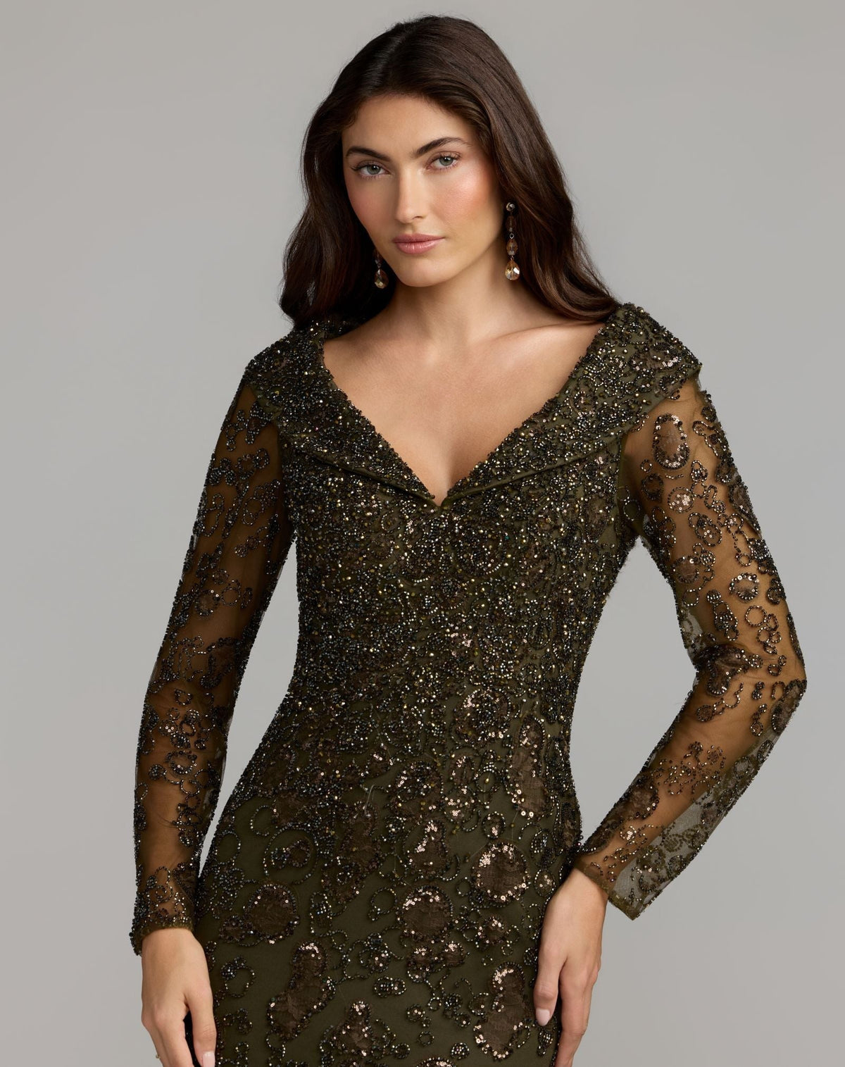 Green Portrait Collar Long Sleeve Embellished Gown