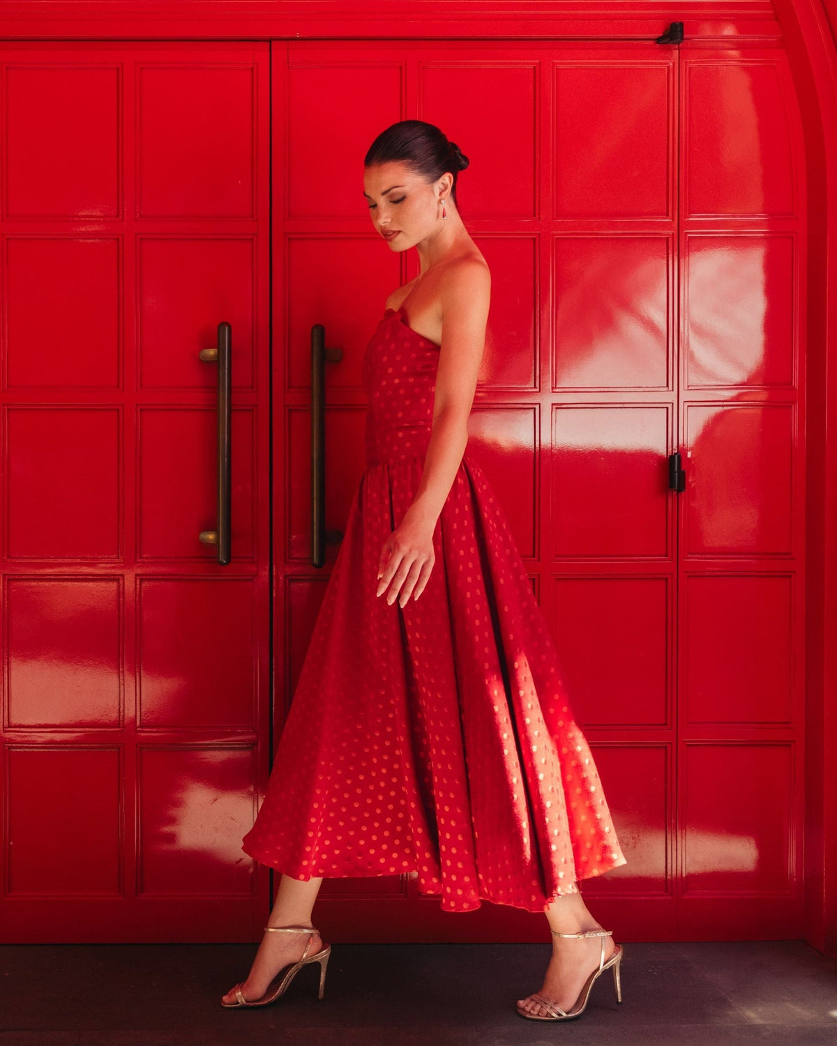Red Multi Strapless Polka Dot Brocade Midi Dress