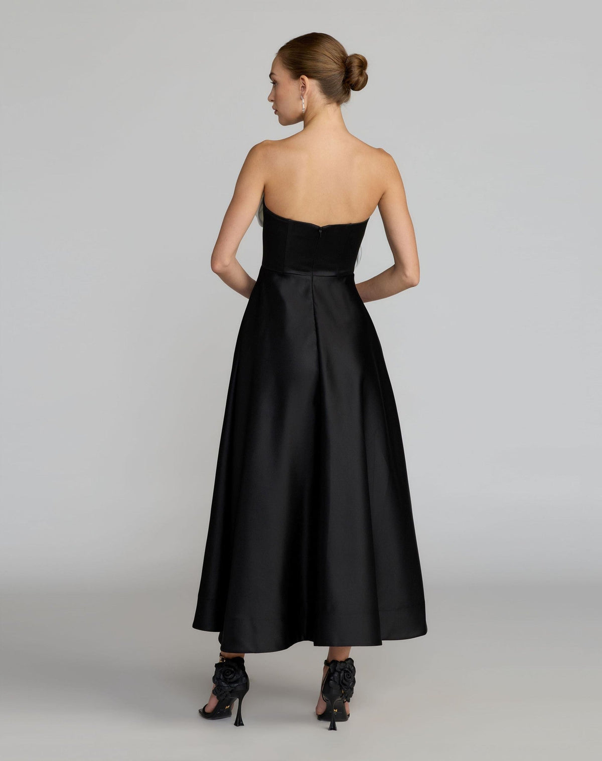 Black Ivory Strapless Satin A-Line Dress With 3D Flowers