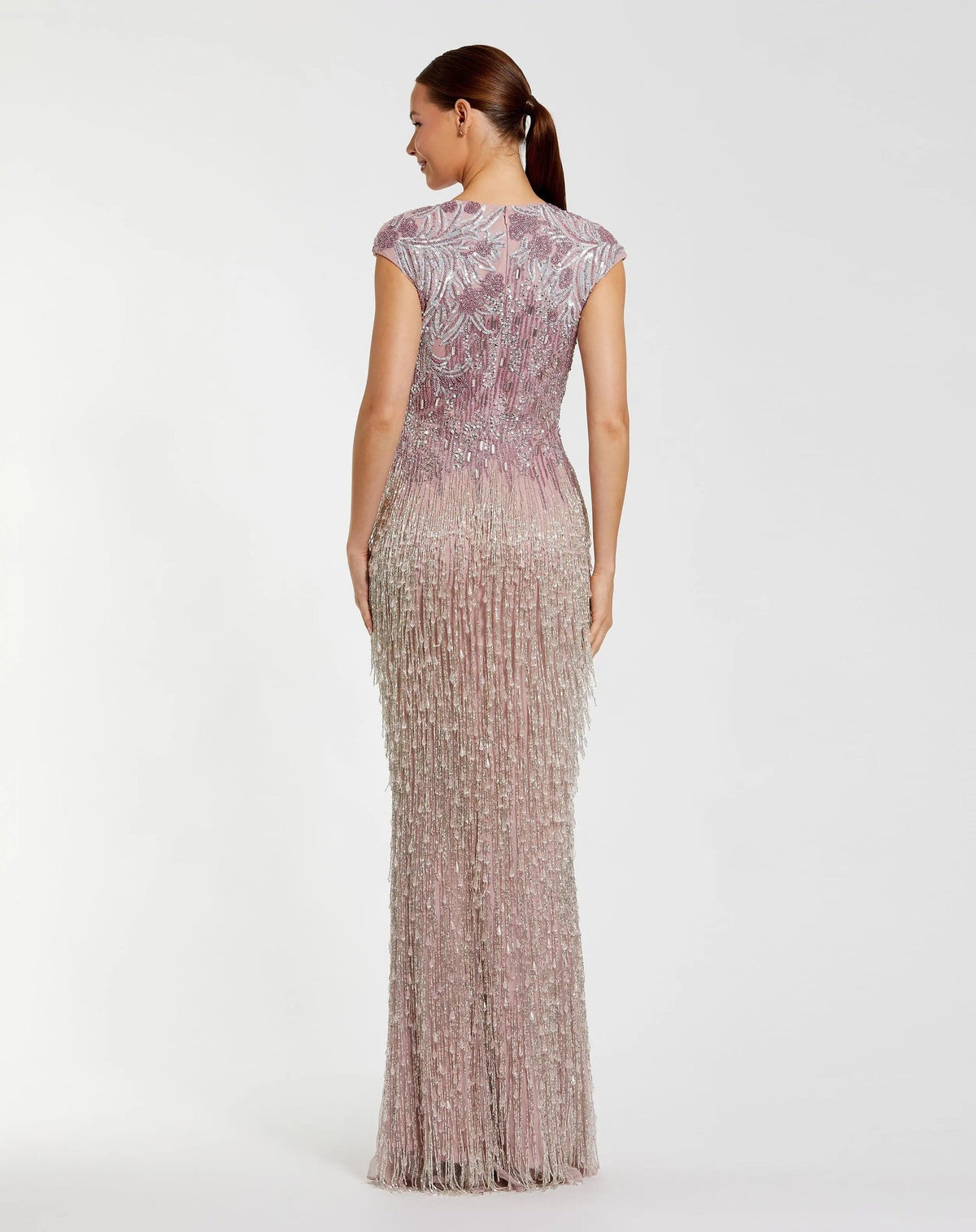 Vintage Lilac Embellished Cap Sleeve Gown With Fringe Beading