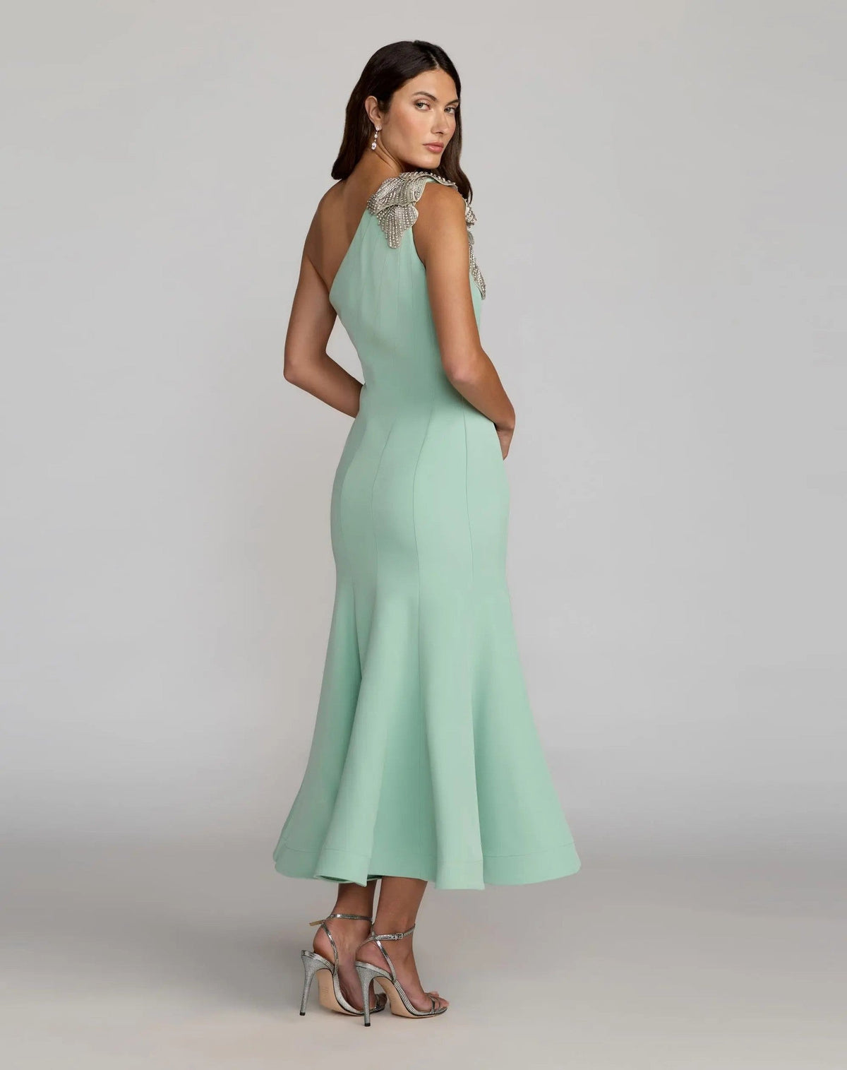 Sage Crepe One Shoulder Midi Dress With 3D Flower