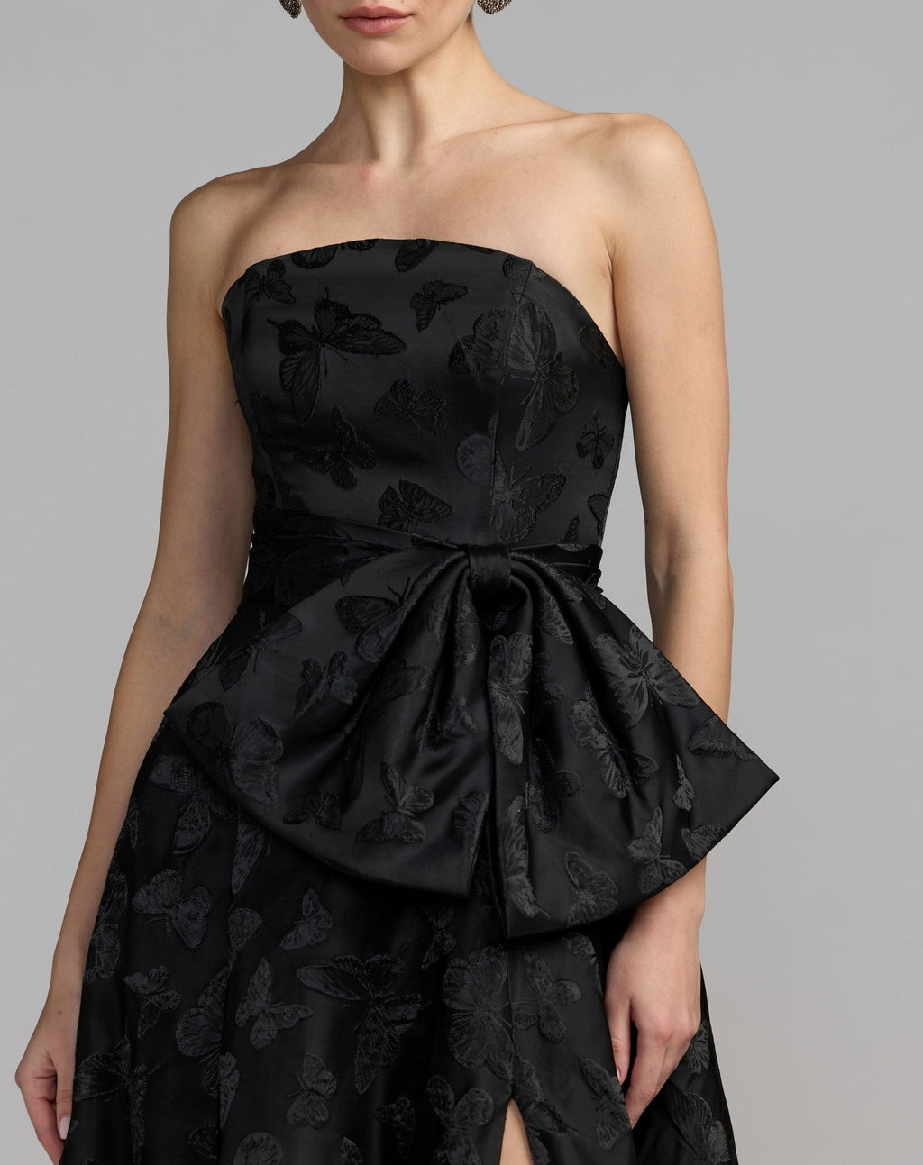Black Strapless Brocade A-Line Gown With Bow
