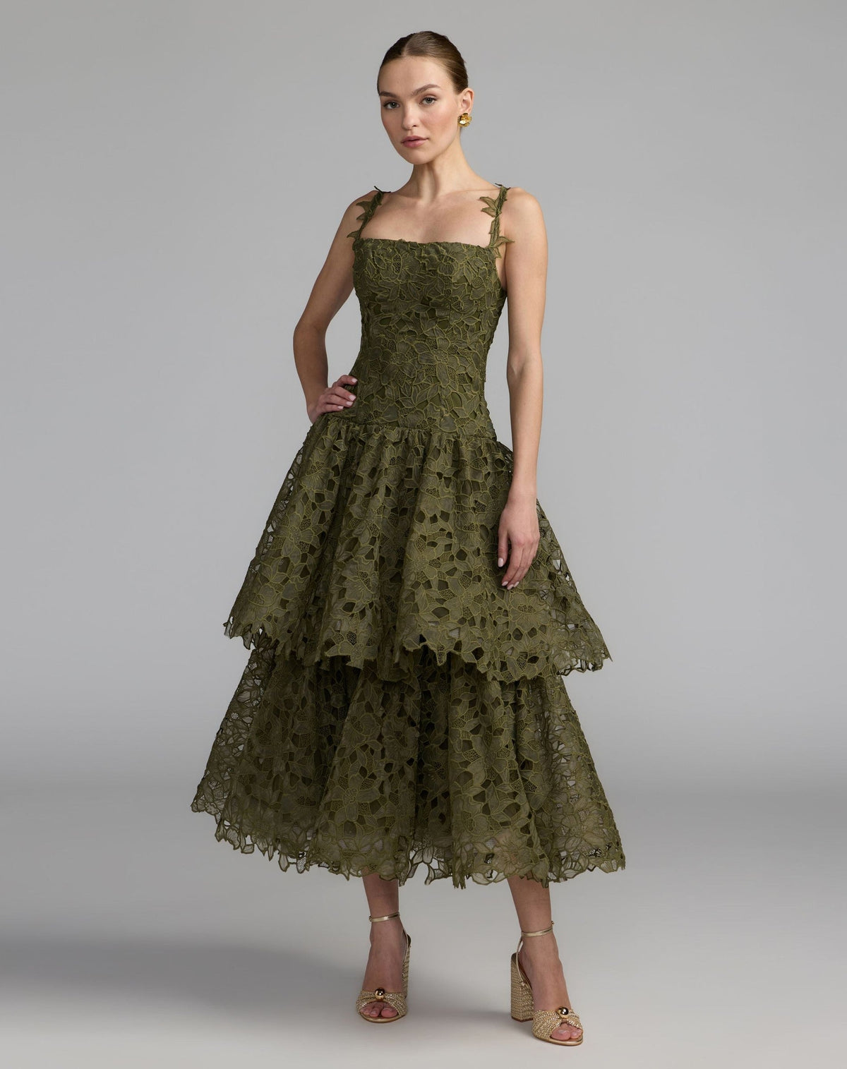 Olive Sleeveless Embroidered Lace Tiered Midi Dress