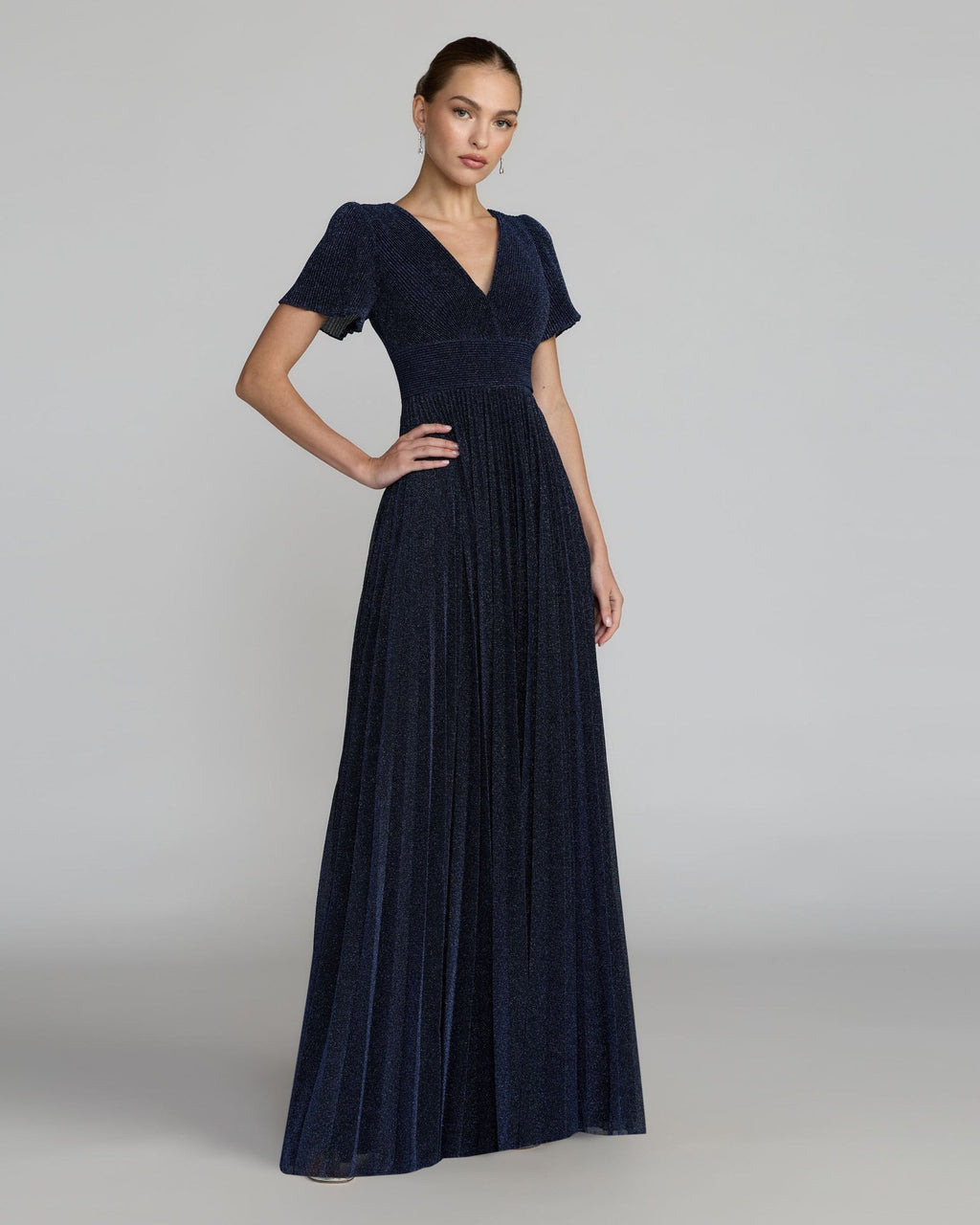 Petite Midnight Pleated Metallic Flutter Sleeve A Line Gown